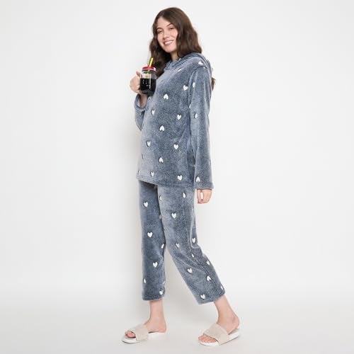 CAMEY Women's Acrylic Glow in Dark Printed Full Sleeve Hooded Top, Pajama Pants with Pockets (Navy, XL) - Image 2