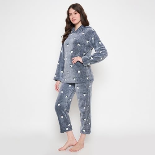 CAMEY Women's Acrylic Glow in Dark Printed Full Sleeve Hooded Top, Pajama Pants with Pockets (Navy, XL) - Image 3