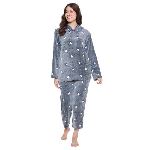 CAMEY Women's Acrylic Glow in Dark Printed Full Sleeve Hooded Top, Pajama Pants with Pockets (Navy, XL) - Image 1