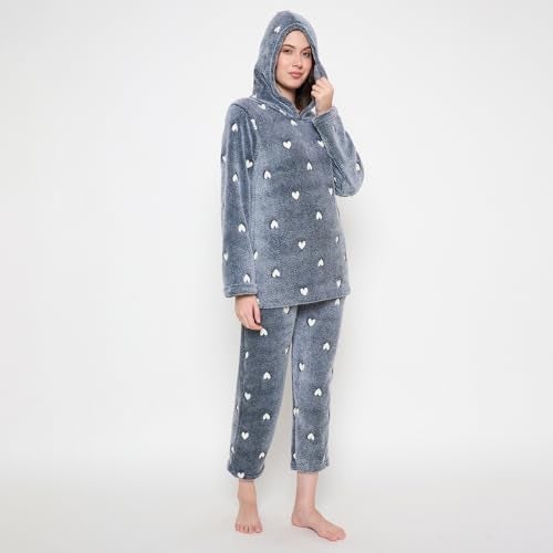 CAMEY Women's Acrylic Glow in Dark Printed Full Sleeve Hooded Top, Pajama Pants with Pockets (Navy, XL) - Image 4