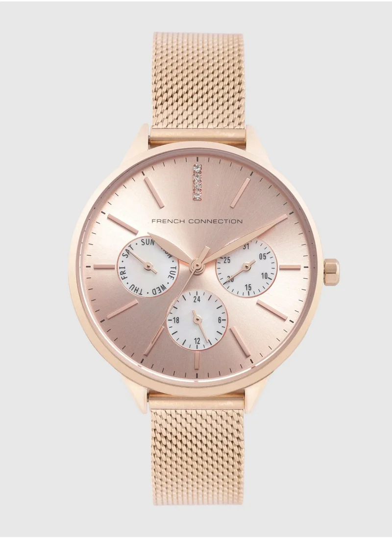 فرنش كونكشن 36mm Multifunction Women's Watch with Rose Gold Dial & Stainless Steel Mesh Bracelet