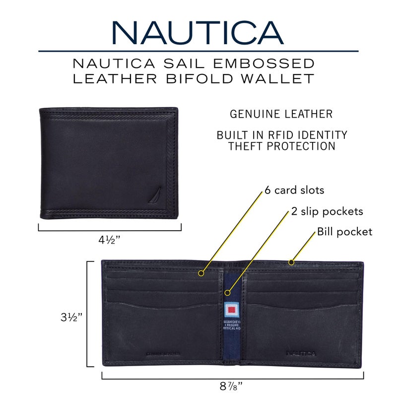 Nautica Mens Classic Sail Bifold Leather Wallet | RFID Blocking Protection | ID Window | 6 Card Slots | 2 Slip Pockets | Billfold Design | Organization | Durable | Stylish - Brown - Image 5
