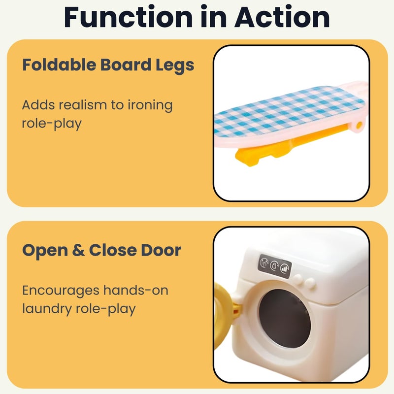 OLEOCA Family Dollhouse Laundry Set â€” Washing Machine, Ironing Board & Iron, Vacuum, Storage Stand & Rolling Cart â€” Dollhouse Furniture & Accessories for Ages 3+ - Image 4