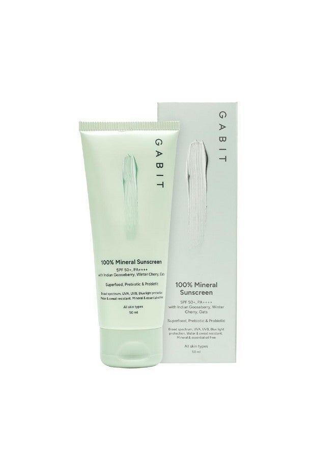 Gabit 100% Mineral Sunscreen SPF 50 PA++++ | Water & Sweat Resistant, UVA/B & Blue Light Protection | No White Cast | Vit E, Gooseberry, Winter Cherry | Normal, Oily, Dry Skin Types | Oil free |50ml - Image 1
