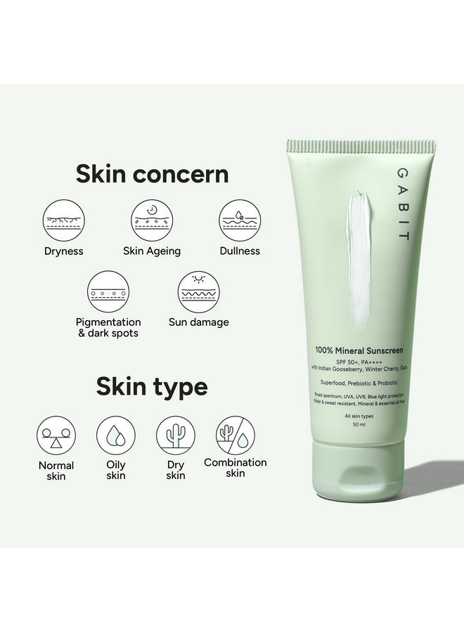 Gabit 100% Mineral Sunscreen SPF 50 PA++++ | Water & Sweat Resistant, UVA/B & Blue Light Protection | No White Cast | Vit E, Gooseberry, Winter Cherry | Normal, Oily, Dry Skin Types | Oil free |50ml - Image 2