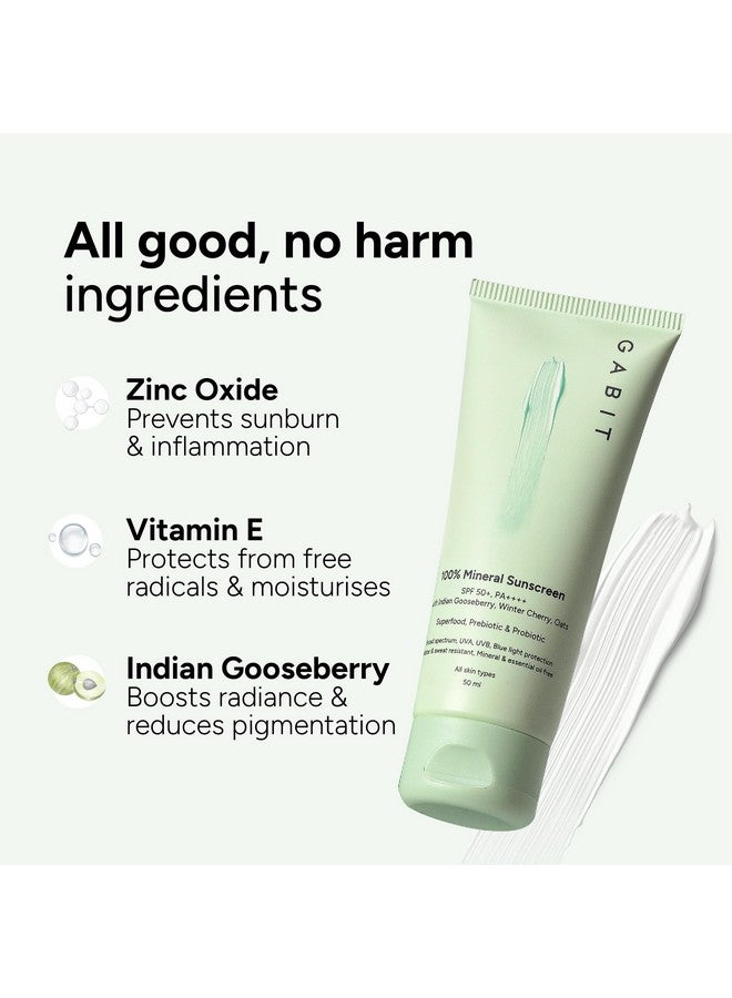 Gabit 100% Mineral Sunscreen SPF 50 PA++++ | Water & Sweat Resistant, UVA/B & Blue Light Protection | No White Cast | Vit E, Gooseberry, Winter Cherry | Normal, Oily, Dry Skin Types | Oil free |50ml - Image 3