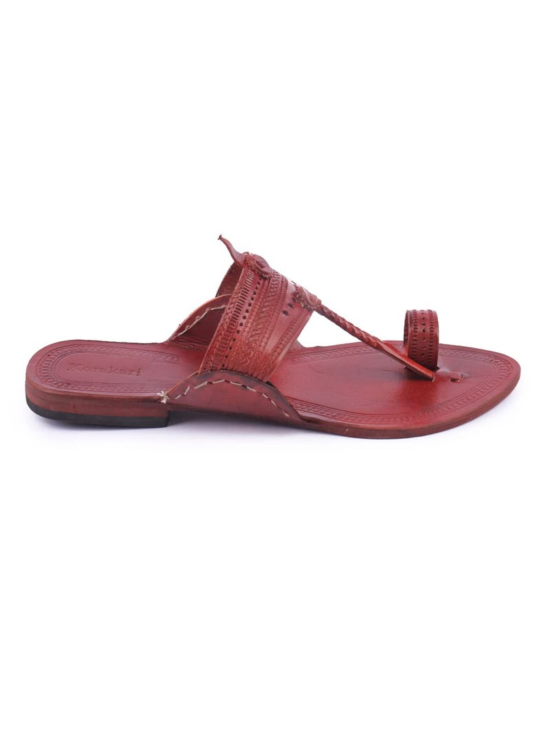 KORAKARI Womens Kolhapuri Genuine Leather Chappal Red Brown Handmade Flip Flops Anti Slip Slippers (UK-04) - Image 2