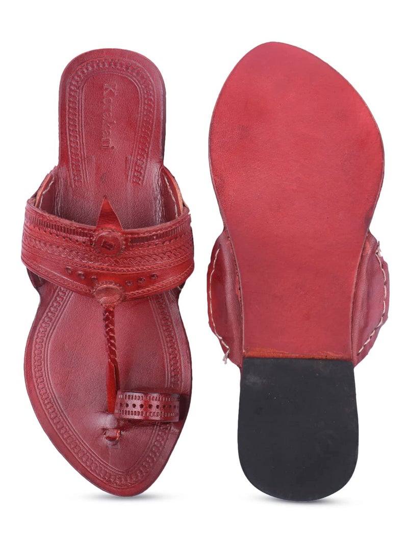 KORAKARI Womens Kolhapuri Genuine Leather Chappal Red Brown Handmade Flip Flops Anti Slip Slippers (UK-04) - Image 5