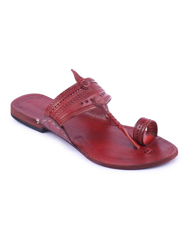 KORAKARI Womens Kolhapuri Genuine Leather Chappal Red Brown Handmade Flip Flops Anti Slip Slippers (UK-04) - Image 1