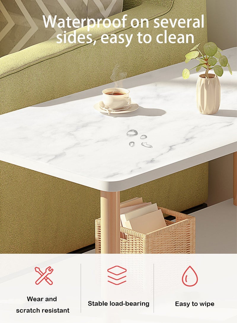 شويوين طاولة قهوة من طبقتين من الرخام الصناعي (60×30×53 سم) - طاولة جانبية عصرية بتصميم بسيط مع أرجل خشبية، طاولة جانبية مقاومة للماء لغرفة المعيشة في المساحات الصغيرة - Image 3