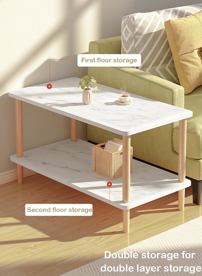 شويوين طاولة قهوة من طبقتين من الرخام الصناعي (60×30×53 سم) - طاولة جانبية عصرية بتصميم بسيط مع أرجل خشبية، طاولة جانبية مقاومة للماء لغرفة المعيشة في المساحات الصغيرة - Image 4