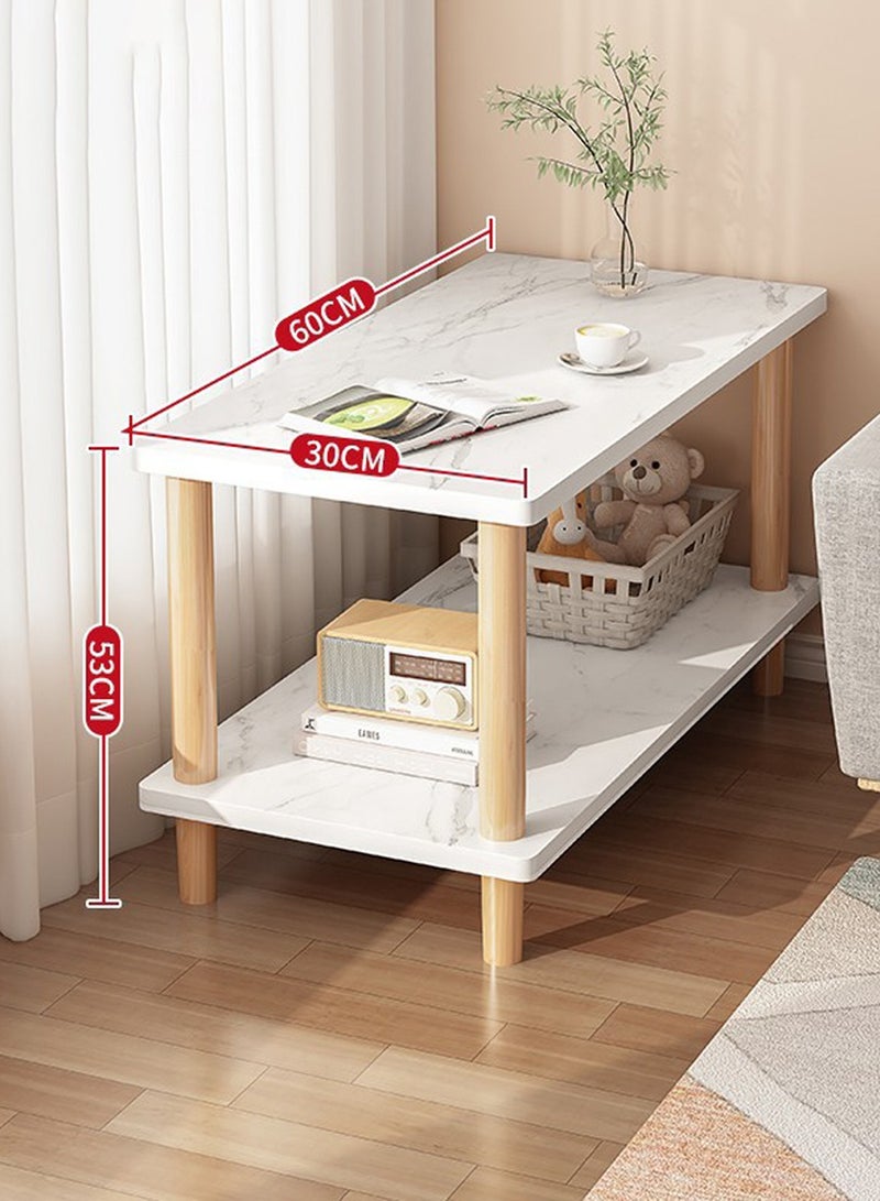 شويوين طاولة قهوة من طبقتين من الرخام الصناعي (60×30×53 سم) - طاولة جانبية عصرية بتصميم بسيط مع أرجل خشبية، طاولة جانبية مقاومة للماء لغرفة المعيشة في المساحات الصغيرة - Image 2