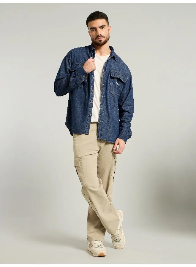 Beyoung Dark Blue Dual Pocket Denim Shirt