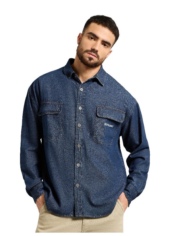Beyoung Dark Blue Dual Pocket Denim Shirt  - Image 1