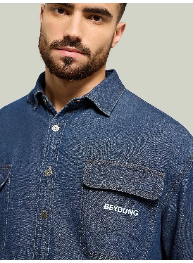 Beyoung Dark Blue Dual Pocket Denim Shirt
