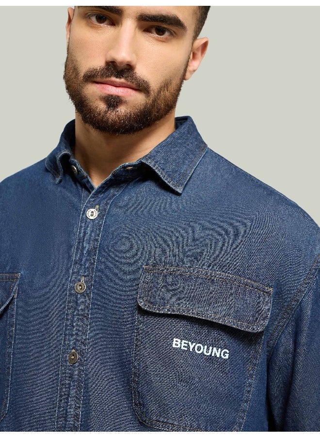 Beyoung Dark Blue Dual Pocket Denim Shirt  - Image 3