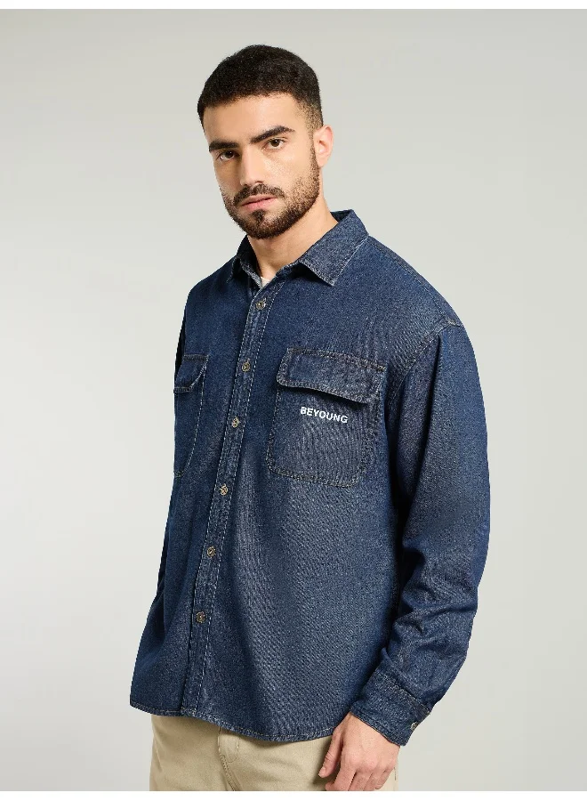 Beyoung Dark Blue Dual Pocket Denim Shirt