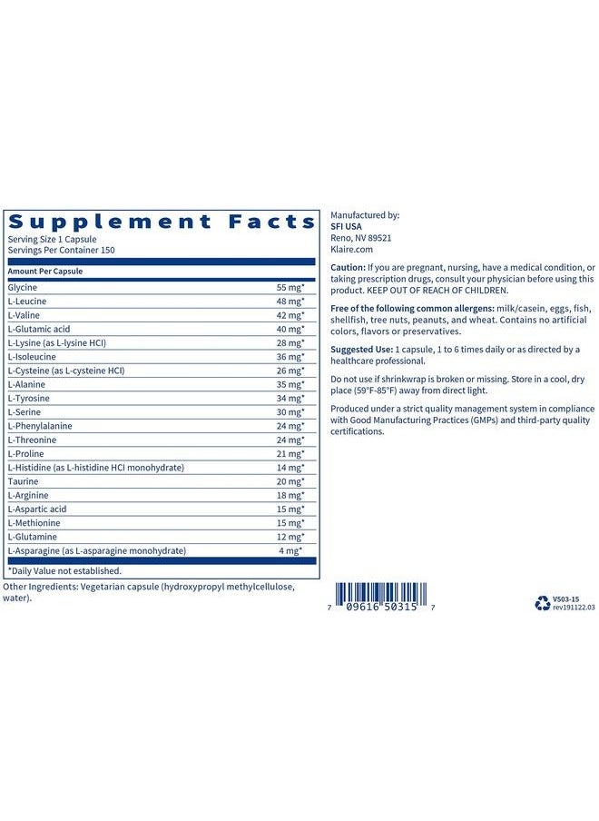 Klaire Labs - Amino Acid Complete Supplement Essential Amino Acid Blend 19 Free Form Essential & Nonessential Amino Acids With Taurine Supports Muscle Health & Protein Absorption (150 Capsules) - Image 1