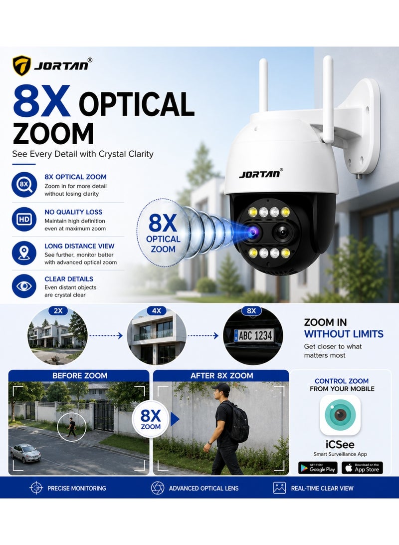 JORTAN 8MP WiFi PTZ Security Camera, 8X Zoom, Motion Detection & Auto Tracking, Full Color Night Vision, Two-Way Audio, IP66 Waterproof, Motion Alarm, 24/7 Recording - Image 2