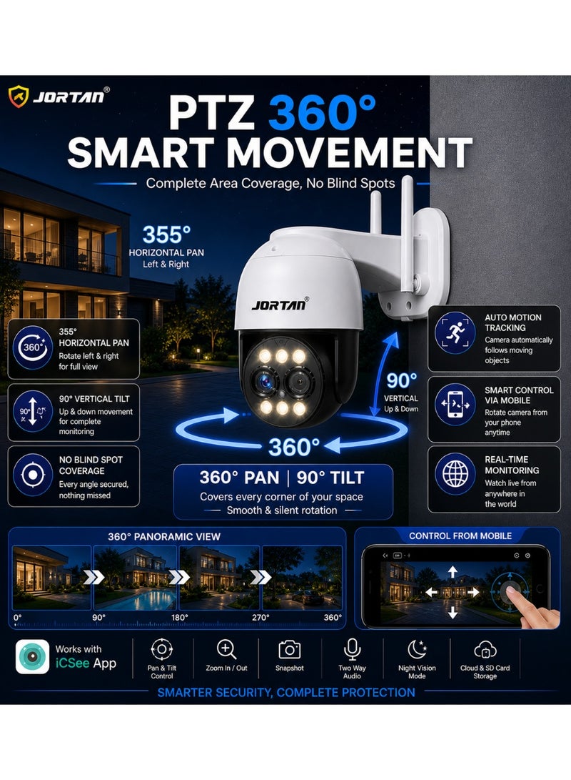 JORTAN 8MP WiFi PTZ Security Camera, 8X Zoom, Motion Detection & Auto Tracking, Full Color Night Vision, Two-Way Audio, IP66 Waterproof, Motion Alarm, 24/7 Recording - Image 4