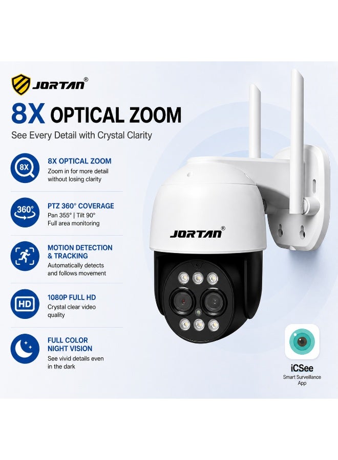 JORTAN 8MP WiFi PTZ Security Camera, 8X Zoom, Motion Detection & Auto Tracking, Full Color Night Vision, Two-Way Audio, IP66 Waterproof, Motion Alarm, 24/7 Recording - Image 1