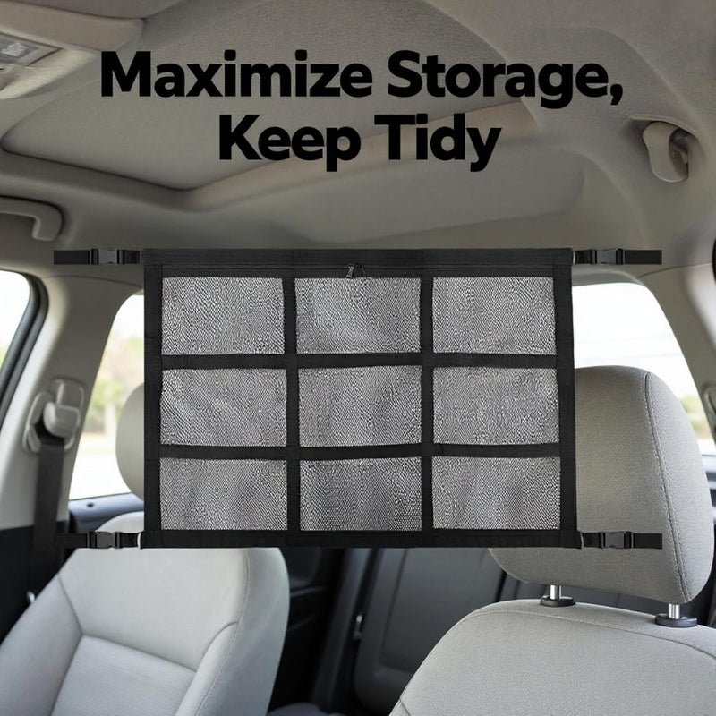 Car Roof Storage Net, Double Layer Truck Netting with Zipper, Vehicle Ceiling Cargo Net with 9 Compartments, Adjustable Straps, Van Interior Space Saver, 35.4 x 25.6 in, 90 x 65 cm - Image 4