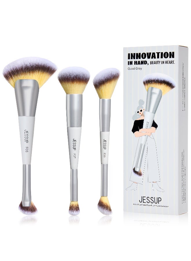 جيساب مجموعة فرش مكياج Jessup، 3 قطع فرش مكياج ذات وجهين للمؤسسة (الفاونديشن)، كونتور، أحمر الخدود، إبراز، كونسيلر، أدوات تجميل خالية من القسوة على الحيوانات باللون الرمادي الهادئ T521 - Image 1