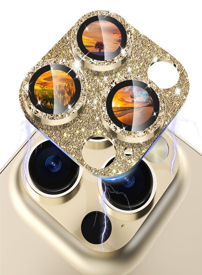 CloudValley for iPhone 14 Pro/iPhone 14 Pro Max Glitter Camera Lens Protector, 9H Tempered Glass [All in 1 Design], Case Friendly Anti-Scatch High Definition, GlitterGold - Image 1