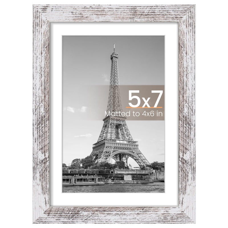 upsimples upsimples 5x7 Picture Frame  Display Pictures 4x6 with Mat or 5 x 7 Without  Wall Hanging Photo Frames  Rustic White  1 Pack - Image 1