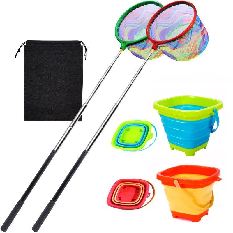 Autokcan 2PCS Fishing Net with Bucket, Telescopic Fishing Landing Net, Collapsible Kids Sand Bucket, Kids Fish Butterfly Catching for Freshwater Saltwater Outdoor Activities - Image 1