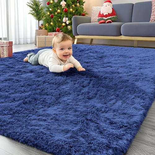 OLANLY Area Rugs for Living Room Bedroom, Machine Washable 4x5.9 ft Soft Fluffy Shaggy Bedside Rug, Indoor Floor Carpet for Kids Girls and Boys, Dorms, Nursery Rooms, Home Decor Aesthetic, Navy Blue - Image 1