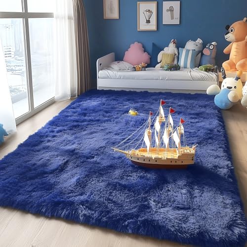 OLANLY Area Rugs for Living Room Bedroom, Machine Washable 4x5.9 ft Soft Fluffy Shaggy Bedside Rug, Indoor Floor Carpet for Kids Girls and Boys, Dorms, Nursery Rooms, Home Decor Aesthetic, Navy Blue - Image 3