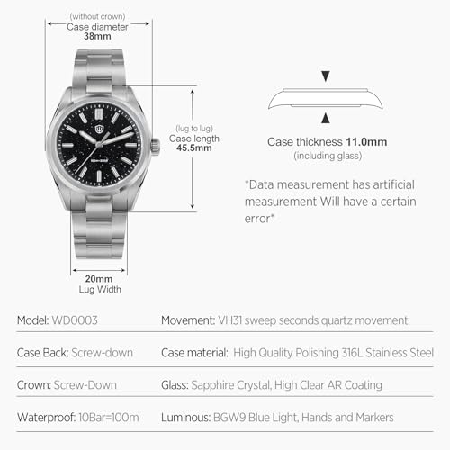 watchdives VH31 Quartz Watch, Original Design WD0003 Aventurine Dial Men Watches 36mm Sapphire Crystal Luxury Wristwatch 100m Waterproof Watch for Men (Black) - Image 2