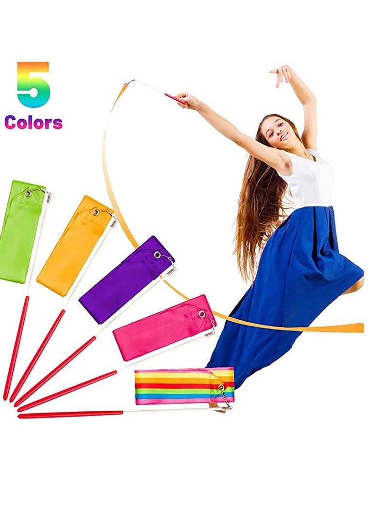 SYOSI Streamers Rhythmic Dance Ribbons, 5 Pieces Rainbow Streamers Rhythmic Gymnastics Ribbon Baton Twirling Wands on Sticks for Kids Artistic Dancing - Image 4