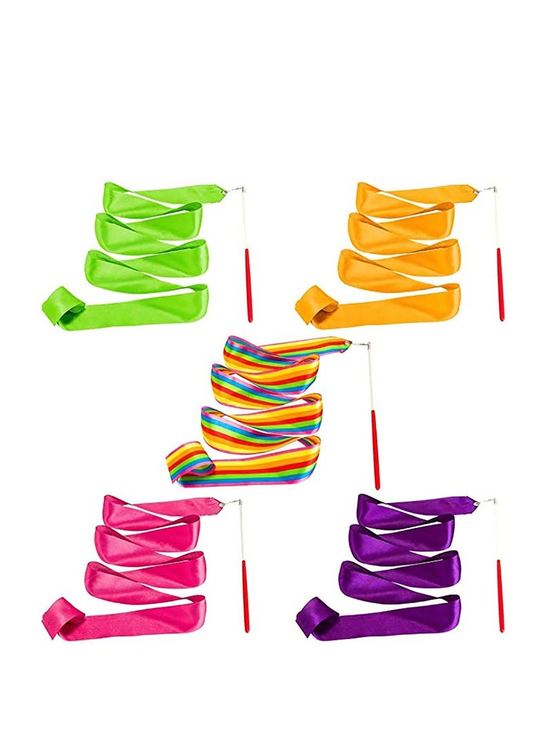 SYOSI Streamers Rhythmic Dance Ribbons, 5 Pieces Rainbow Streamers Rhythmic Gymnastics Ribbon Baton Twirling Wands on Sticks for Kids Artistic Dancing - Image 1