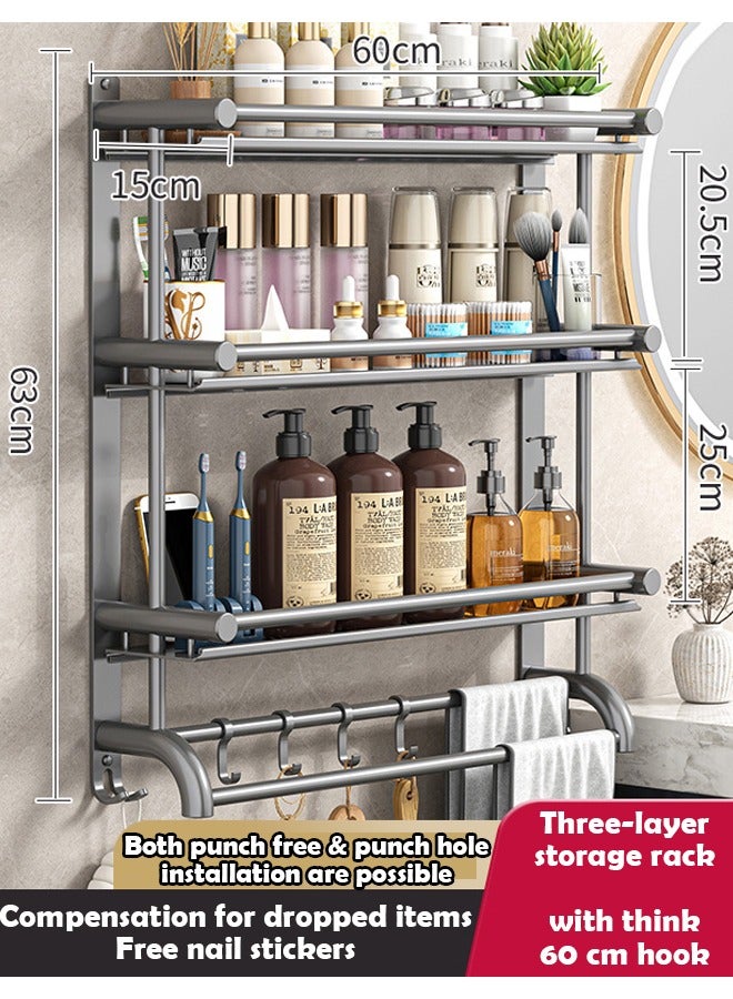 زي سي إم - هابي رف تخزين معدني للحمام من ثلاث طبقات - منظم للحوض والمرحاض مثبت على الحائط بدون ثقب، محمل عالي التحمل، مثالي لتخزين جدار الشرفة أو الحمام (60 × 63 سم) - Image 2