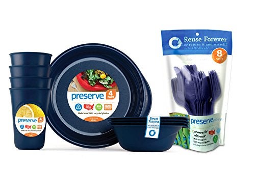 Preserve Reusable BPA Free Everyday Tableware Set with Cutlery Made from Recycled Plastic 4 Plates 4 Bowls 4 Cups and 24 pieces of Cutlery Midnight Blue