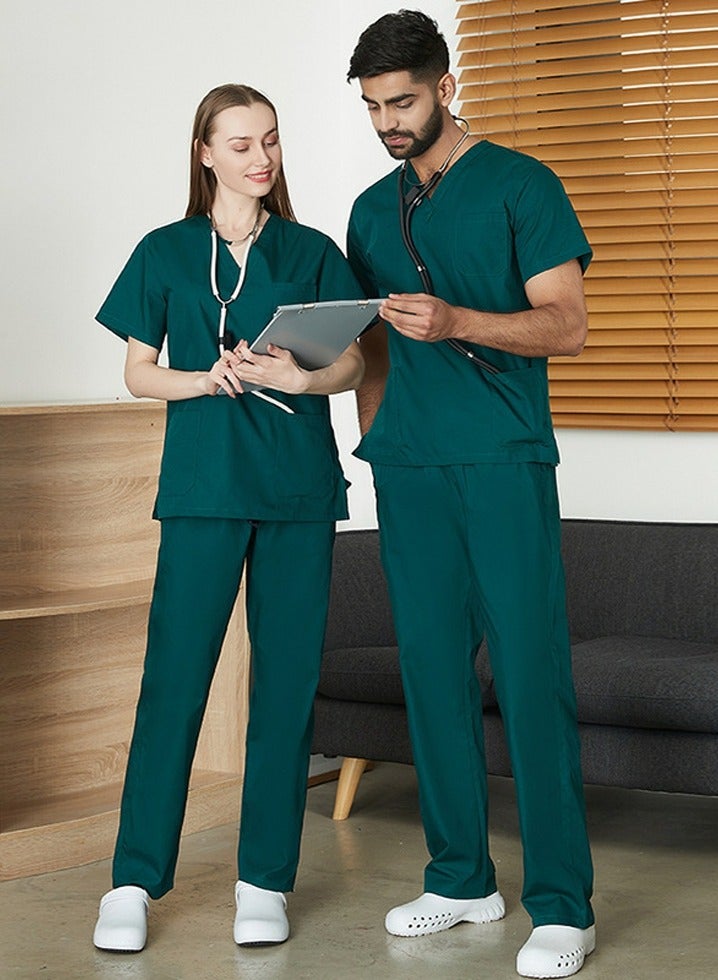 Loquat Medical Uniform Scrubs 2 Piece Set V-Neck Top and Elastic Waist Straight Pants Suit Dark Green