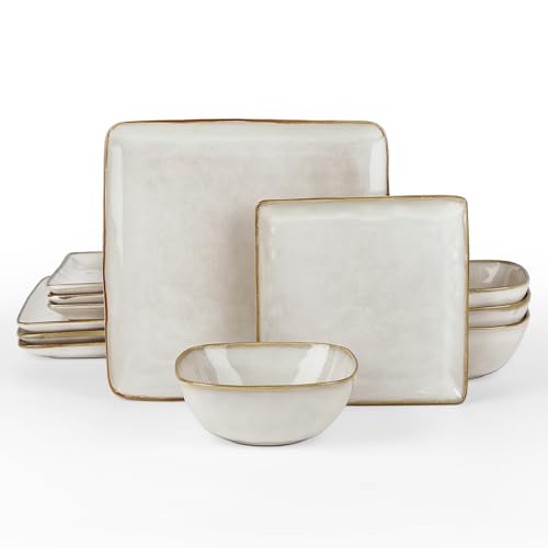 Famiware Dinnerware Sets for 4, Ocean Square 12-Piece Kitchen Plates and Bowls Sets, Reactive Glaze, Microwave and Dishwasher Safe, Scratch Resistant, Cappuccino White - Image 1