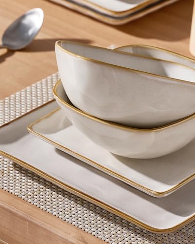 Famiware Dinnerware Sets for 4, Ocean Square 12-Piece Kitchen Plates and Bowls Sets, Reactive Glaze, Microwave and Dishwasher Safe, Scratch Resistant, Cappuccino White - Image 4