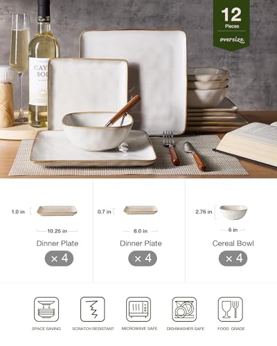 Famiware Dinnerware Sets for 4, Ocean Square 12-Piece Kitchen Plates and Bowls Sets, Reactive Glaze, Microwave and Dishwasher Safe, Scratch Resistant, Cappuccino White - Image 2