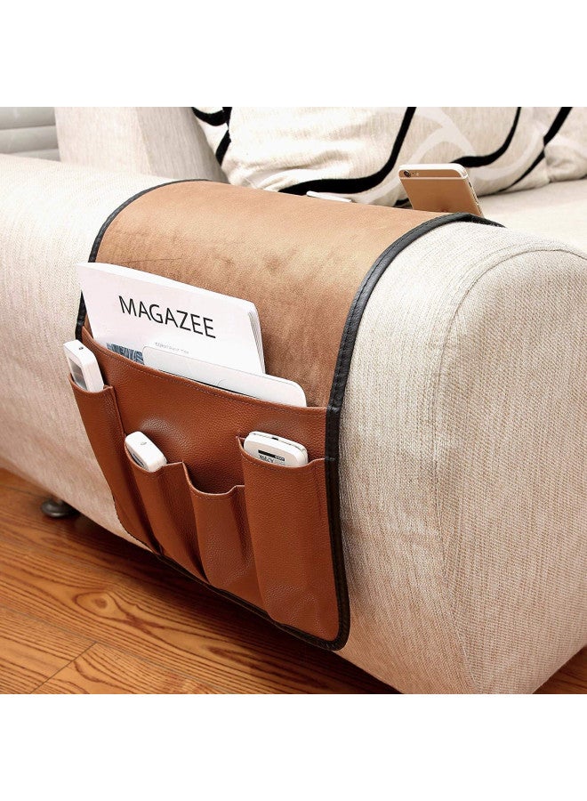 IPENNY No-slip Leather Sofa Couch Remote Control Holder Chair Armrest Caddy Pocket Organizer Storage Bag for Cellphone Tablet Notepad Book Magazines DVD Eyewears Drinker Snacks Holder Pouch - Image 1