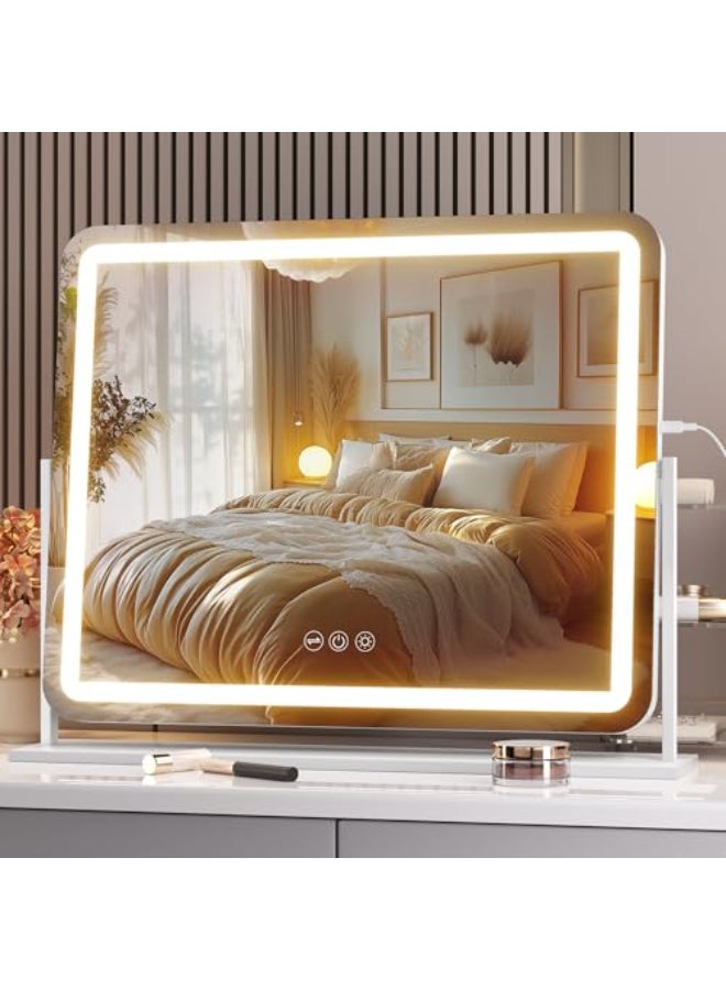 Hasipu Vanity Mirror with Lights 22 x 18 LED Makeup Mirror Light up Mirror with Smart Touch 3 Colors Dimmable Brightness Adjustment 360 Rotation White - Image 1