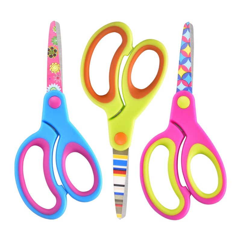 Zicolu Kids Scissors Set Safety Children Scissors with BluntTip Floral Print Blade and Soft Grip Great for DIY Arts Home School Classroom Use BluePurpleYellow
