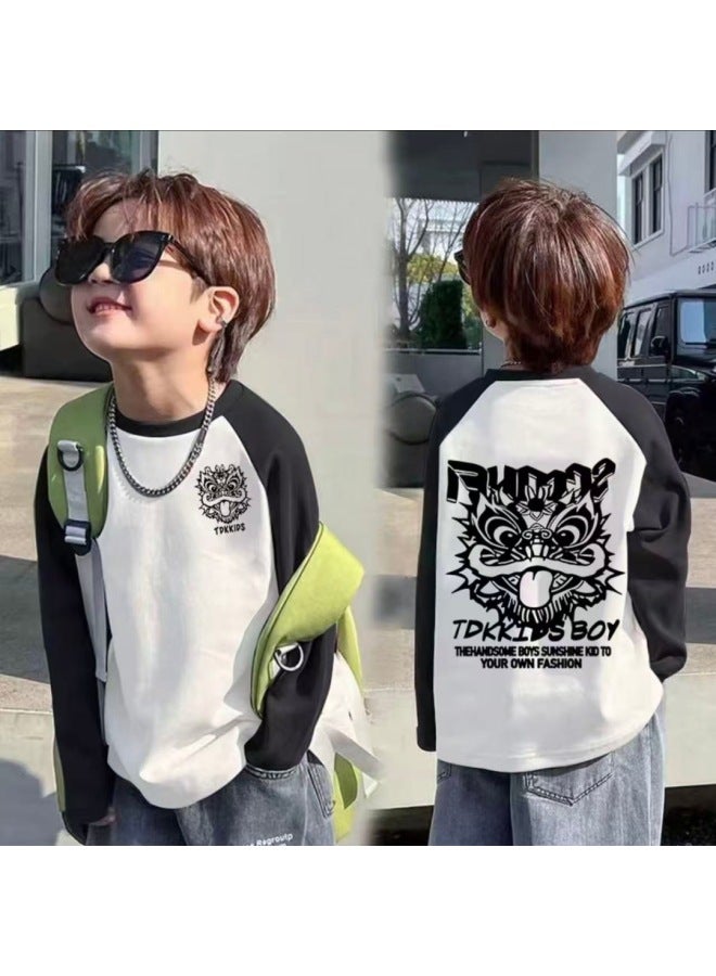 Cotton Boys' Raglan Sleeve Long Sleeve Tspring & Fall New Style Medium And Large Children's Splicing Contrasting Color Round Neck Bottoming Shirt