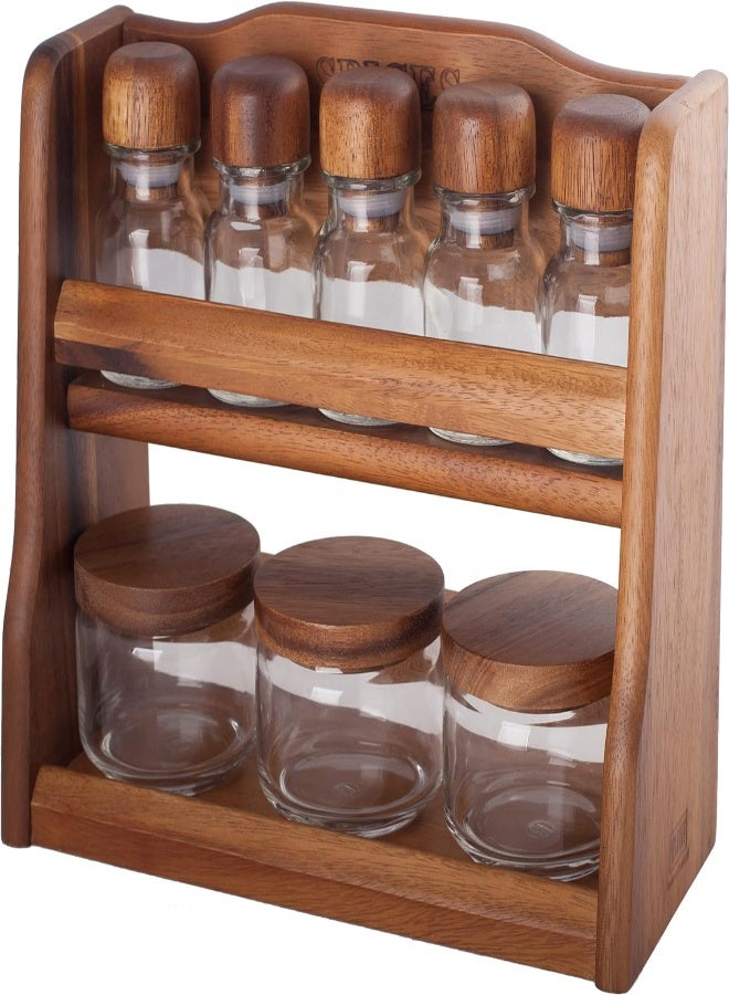 AKDC Billi 5 Pcs Spice Bottles And 3 Pcs Canister Set With Wooden Lid And Rack Aca-Og55/3-Sp5, Brown - Image 1