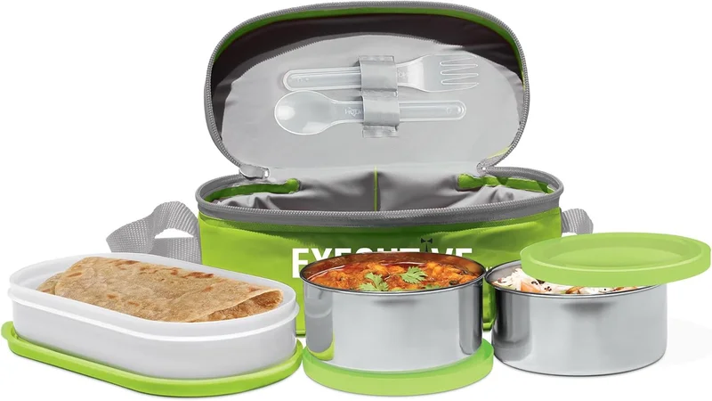 Milton Milton Executive Lunch Insulated Tiffin, 2 Containers, 280 ml each, 1 Container, 500 ml, Green|  Microwave Safe | Easy to carry | Leak proof | Stainless Steel & Plastic  | Insulated Tiffin | Hot Food