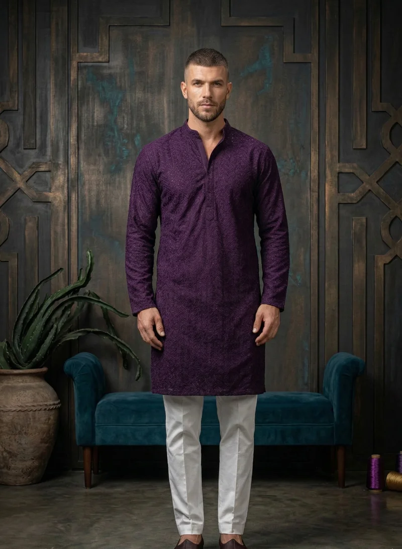 Lehar Purple Chikankari Embroidered Kurta Set with Slim-Fit Trousers