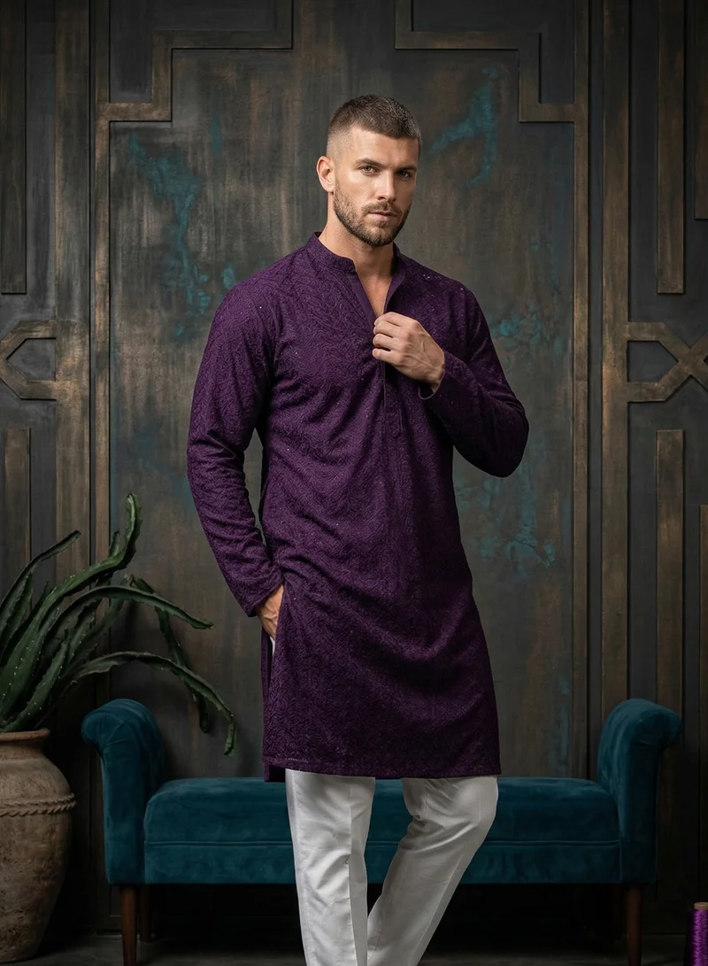 Lehar Purple Chikankari Embroidered Kurta Set with Slim-Fit Trousers