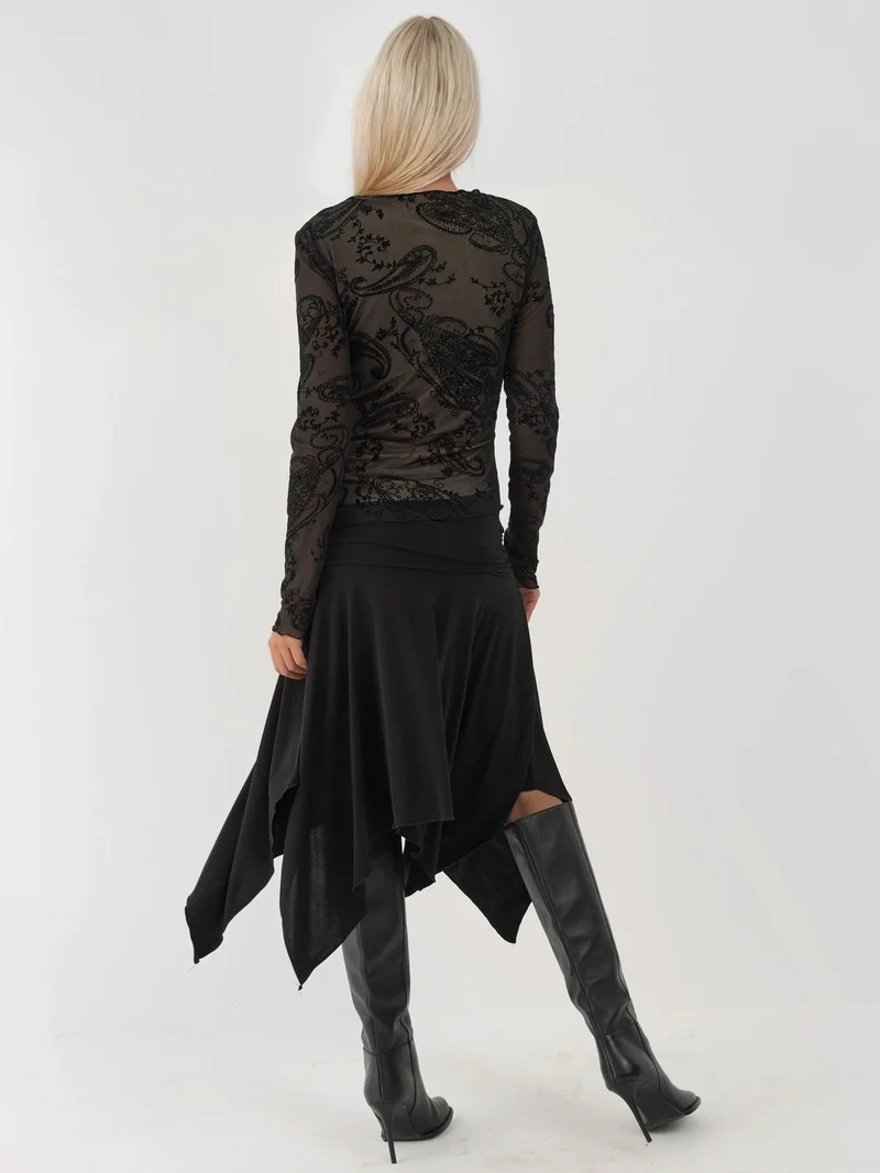 Hiccup Black Long Sleeve Asymmetric Tulle Blouse for Women | Best Price UAE